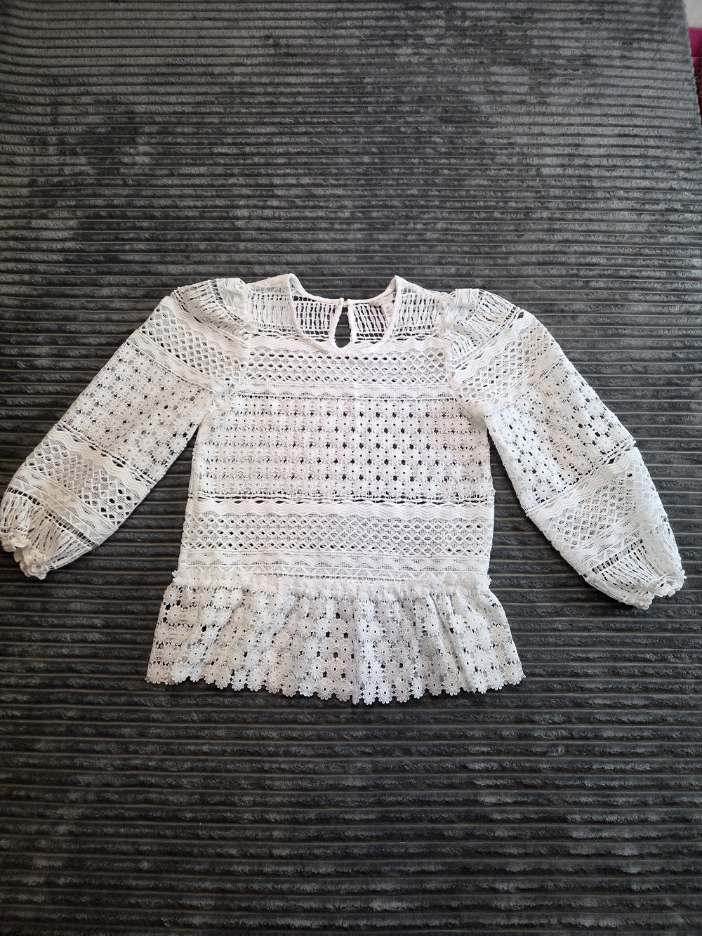 White Lace Peplum Blouse with Keyhole Detail